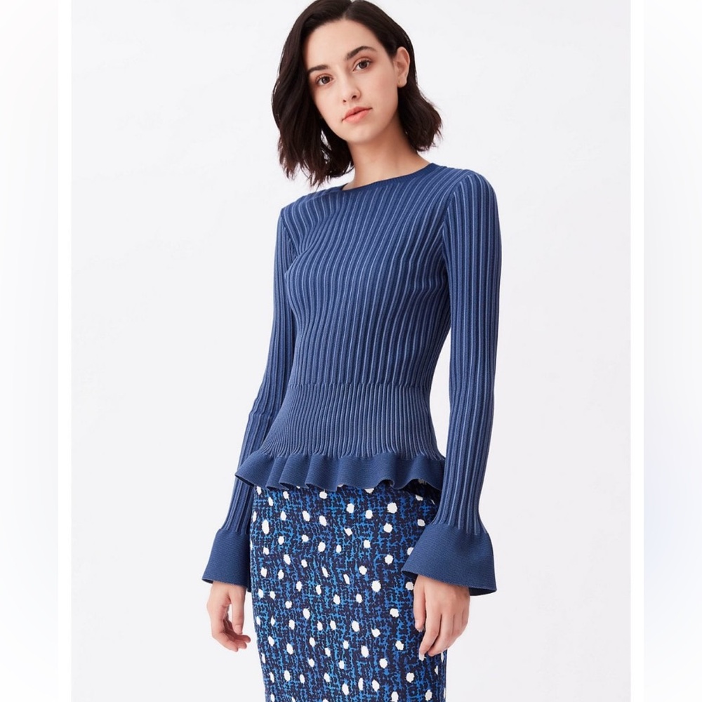 Diane Von Furstenberg Tess Rib Knit Peplum Sweater Top
